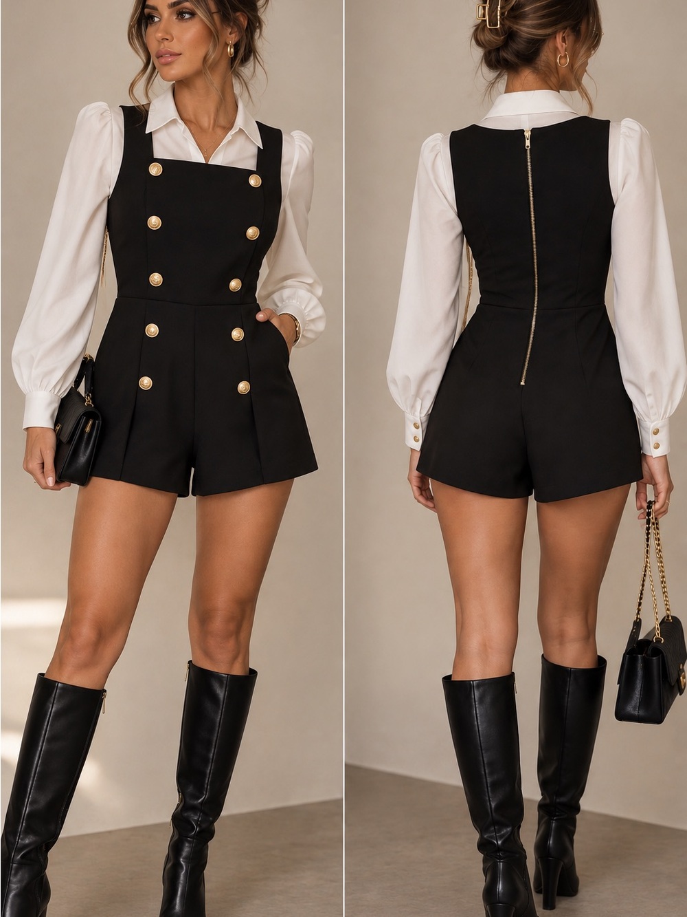 Symphony Black Double-Breasted Buttoned Romper Shorts with Gold Buttons